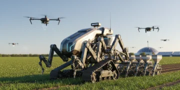 Advanced agricultural robot planting seeds in a field, symbolizing US AgTech efficiency