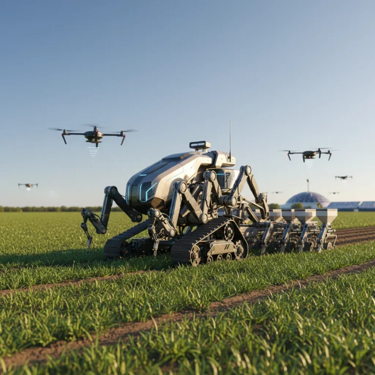 Advanced agricultural robot planting seeds in a field, symbolizing US AgTech efficiency