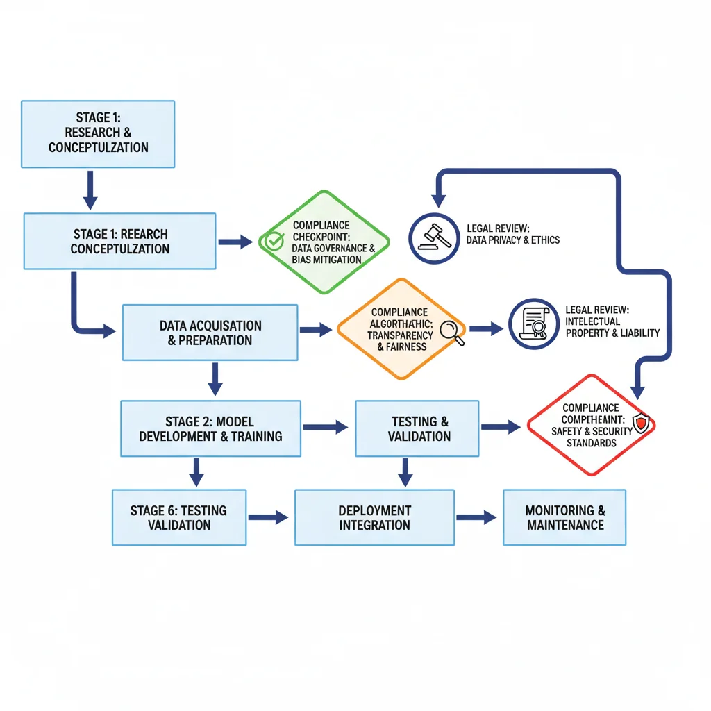 AI development lifecycle with compliance checkpoints, regulatory integration