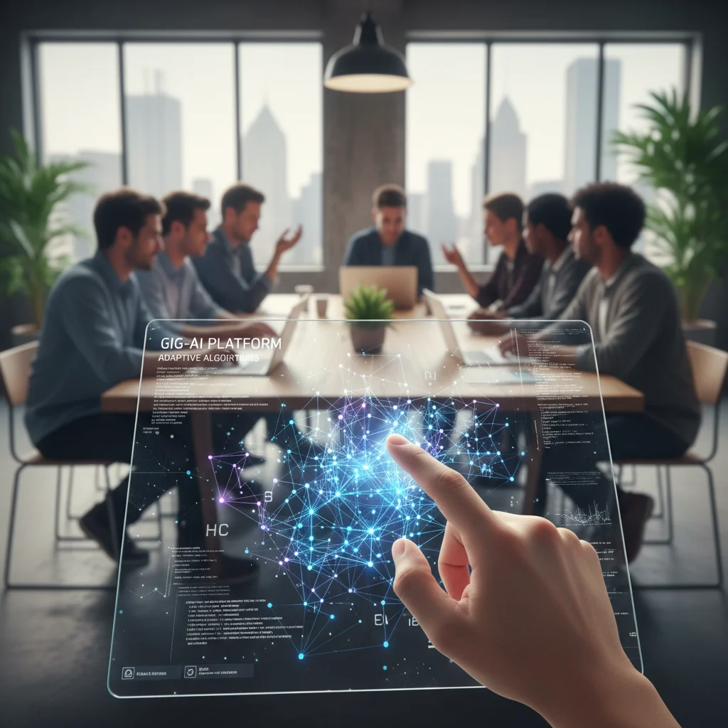 Hand interacting with a tablet showing AI data, symbolizing technology in gig work
