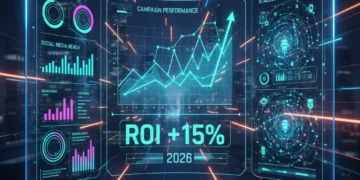 Futuristic AI marketing dashboard showing analytics and ROI boost
