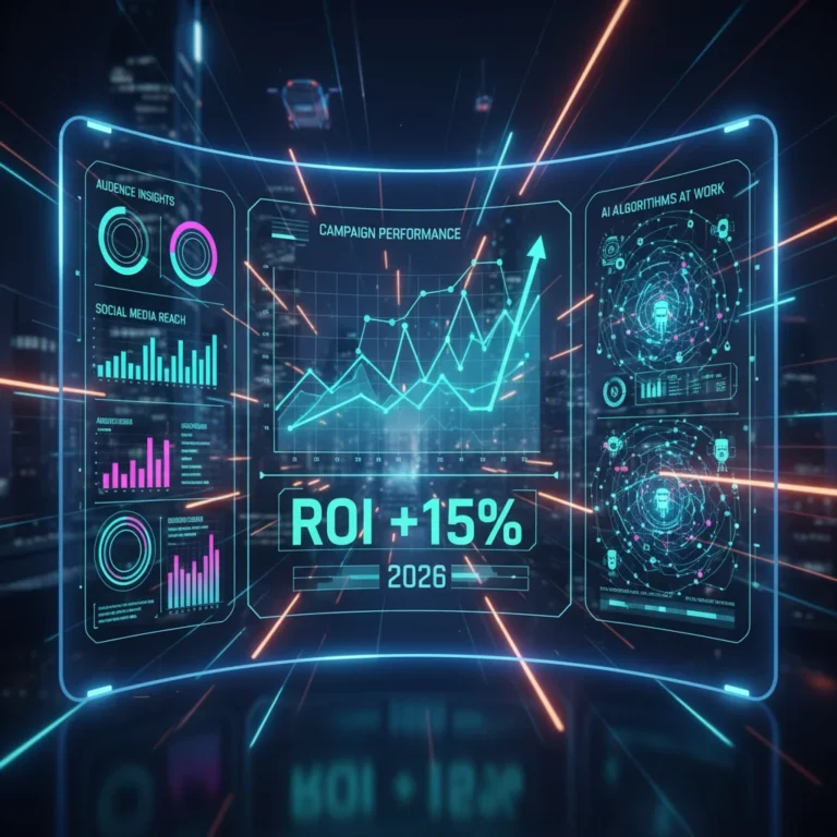Futuristic AI marketing dashboard showing analytics and ROI boost