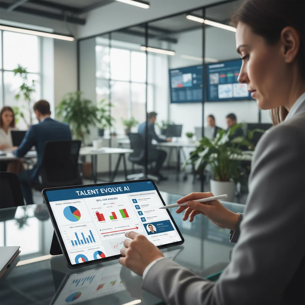HR professional using AI talent management platform for skill gap analysis
