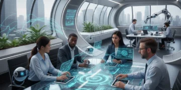 Professionals collaborating with AI in a modern office, representing the AI-driven workforce of 2026.