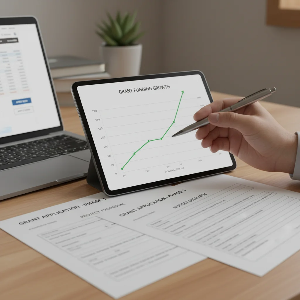 Hand analyzing financial growth charts and grant application documents for startup funding.