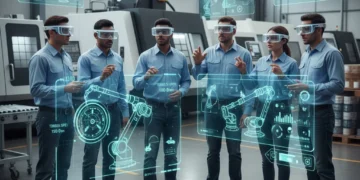 Industrial workers using AR headsets for training in a modern factory, showcasing interactive digital overlays on machinery.