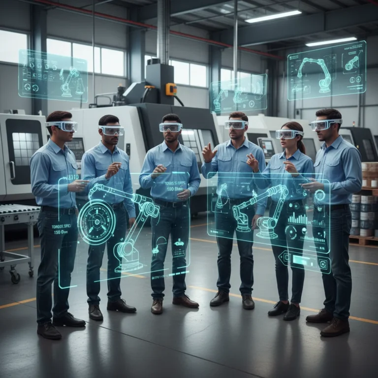 Industrial workers using AR headsets for training in a modern factory, showcasing interactive digital overlays on machinery.