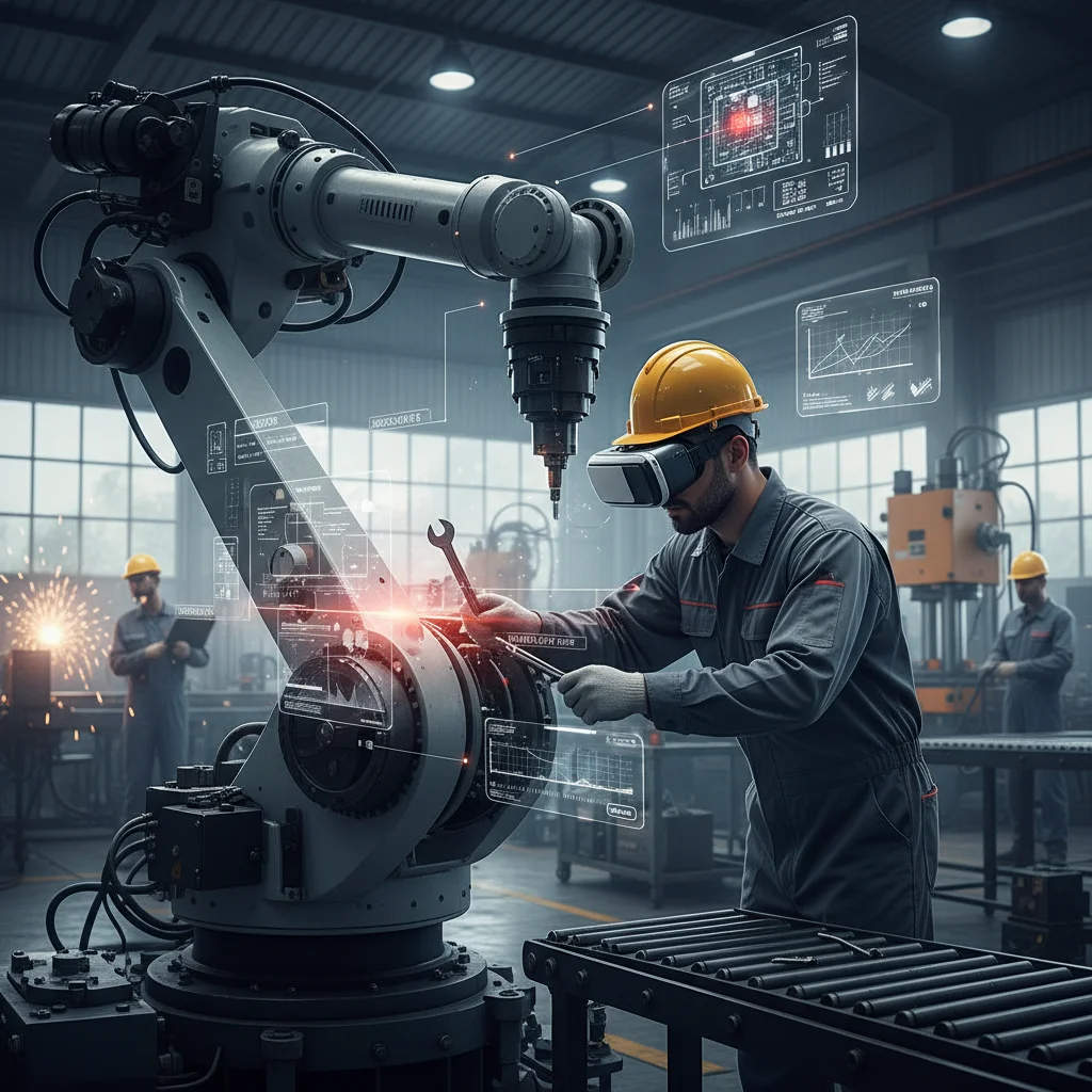 Engineer using AR headset for real-time machinery troubleshooting in an industrial plant.