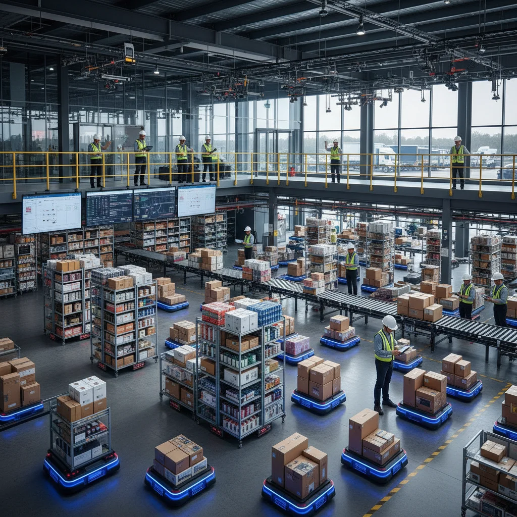 Automated e-commerce fulfillment center with robots and workers, demonstrating industrial real estate growth.