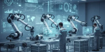 Robotic arms and human workers collaborating on a futuristic factory floor, enhancing productivity.
