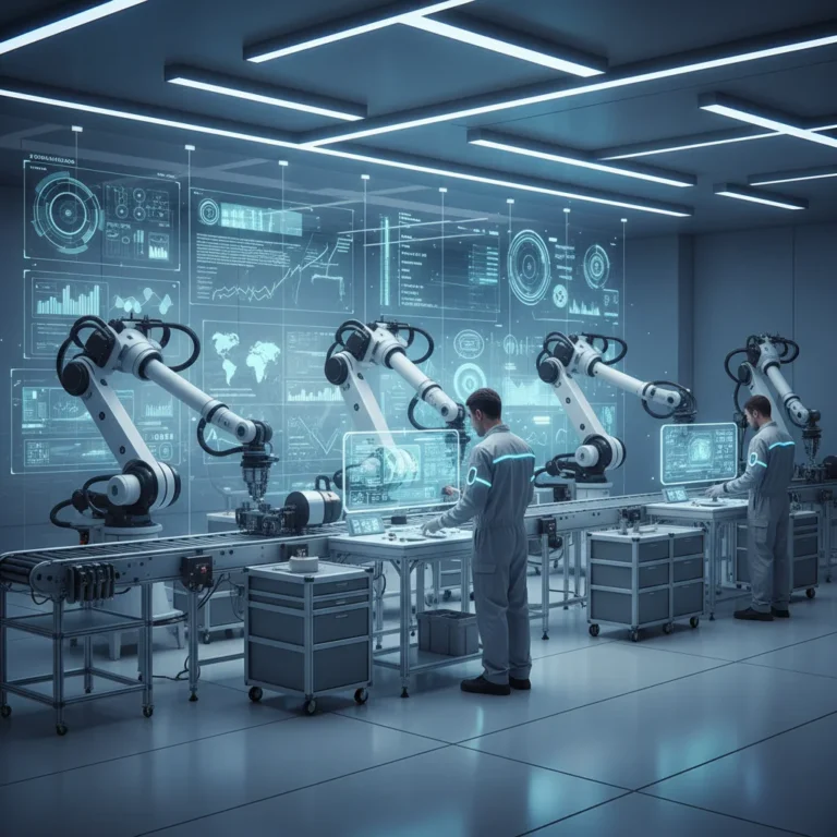 Robotic arms and human workers collaborating on a futuristic factory floor, enhancing productivity.