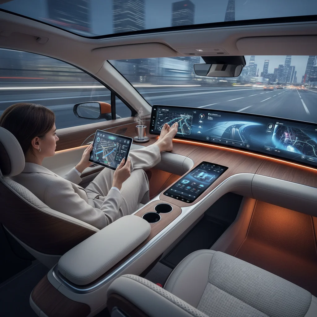 Passenger experiencing autonomous driving in a futuristic car interior