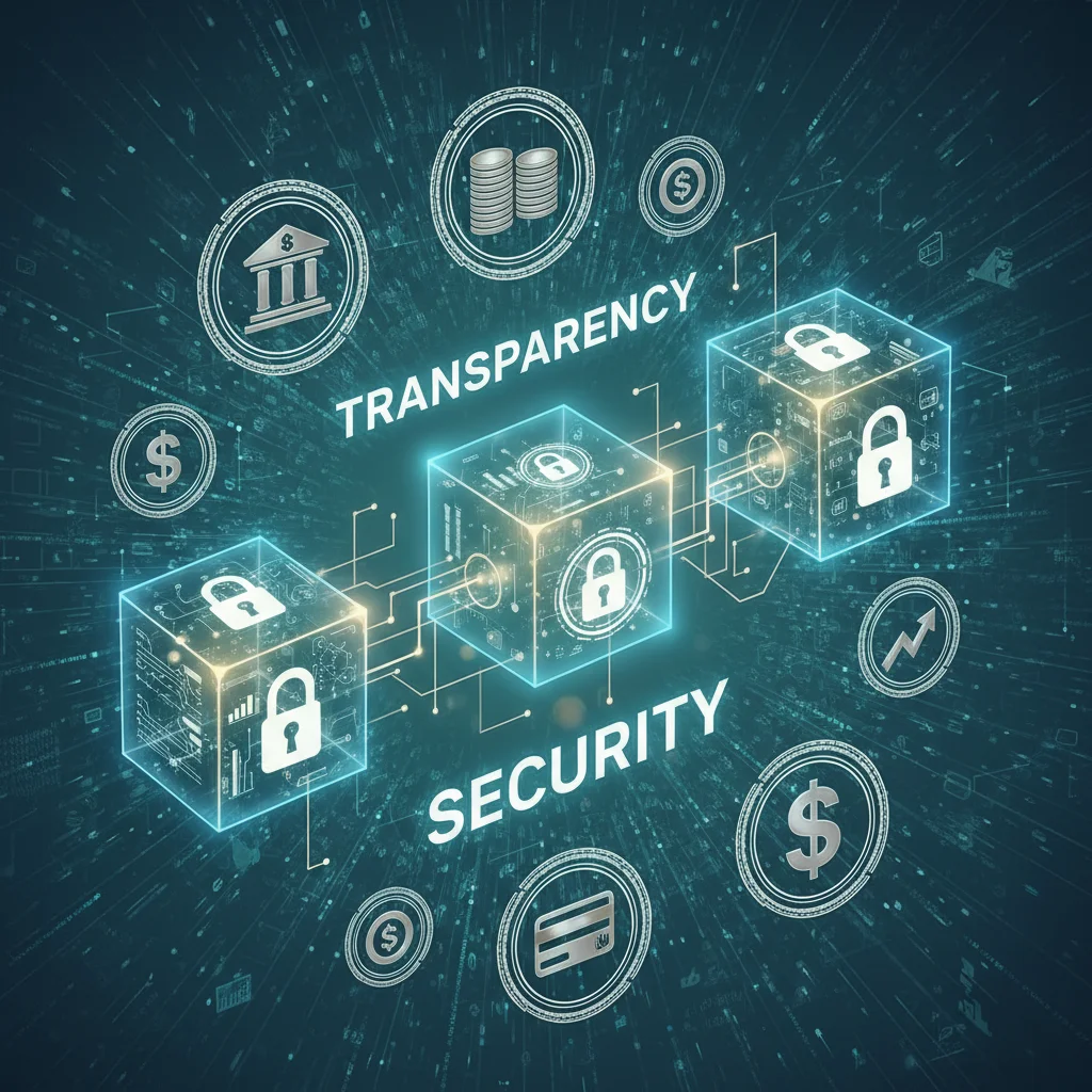 Stylized blockchain with secure data blocks and banking symbols, representing secure and transparent financial transactions.