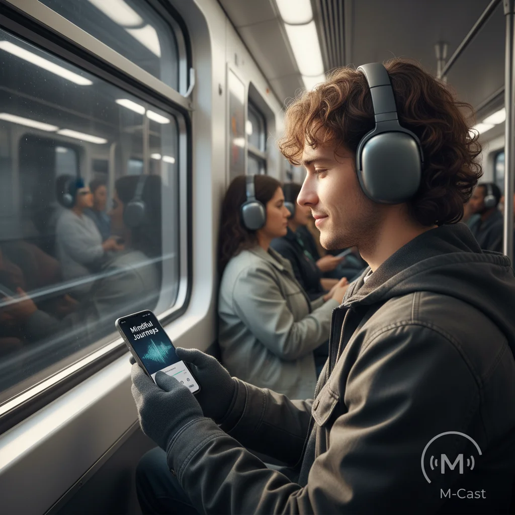 Commuter listening to a branded podcast on a smartphone with wireless headphones.