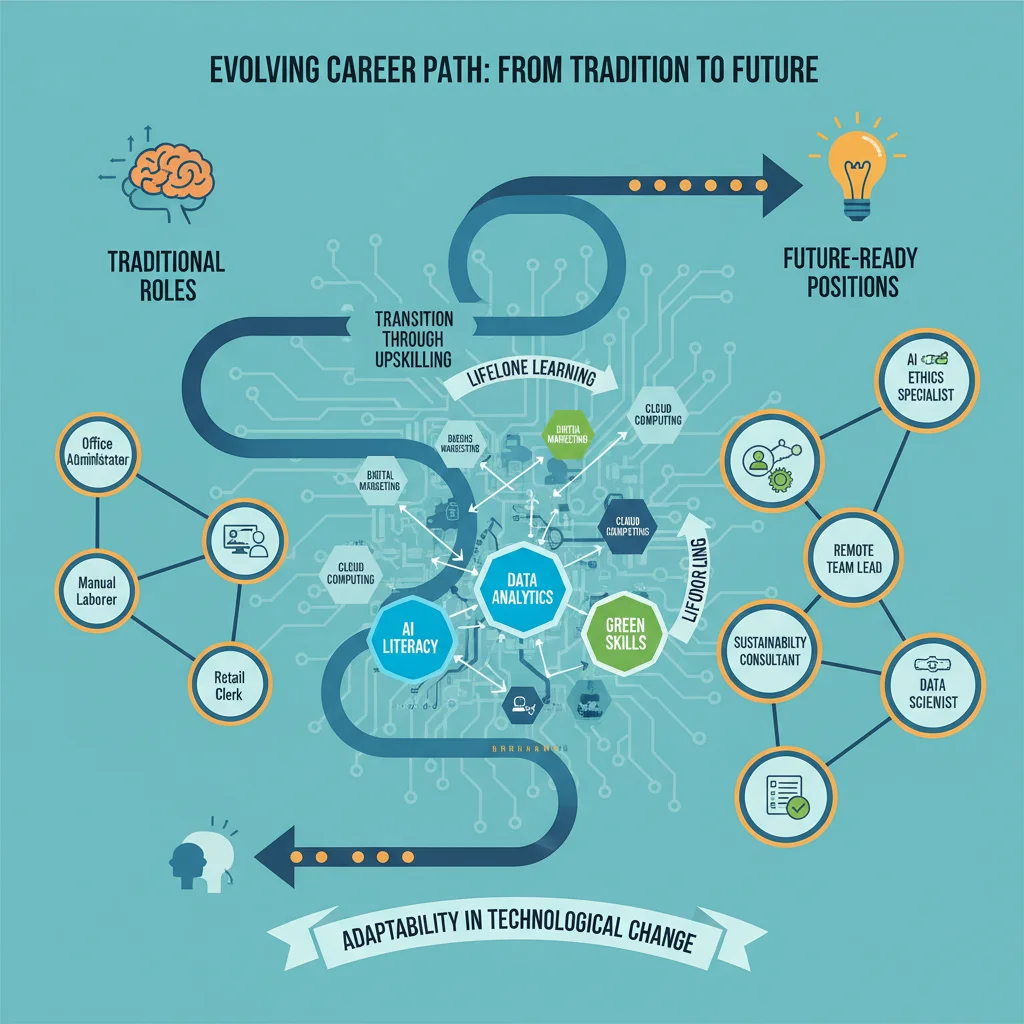Infographic showing an individual's career progression through reskilling and upskilling for future jobs.