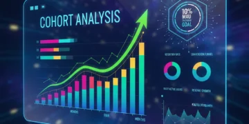 Digital dashboard showing cohort analysis metrics and a 10% MAU increase goal.