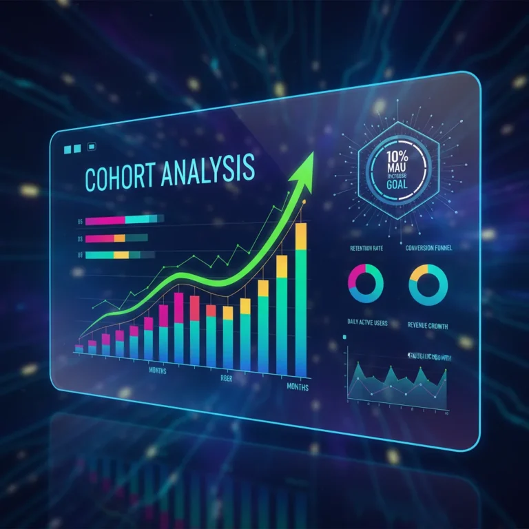 Digital dashboard showing cohort analysis metrics and a 10% MAU increase goal.