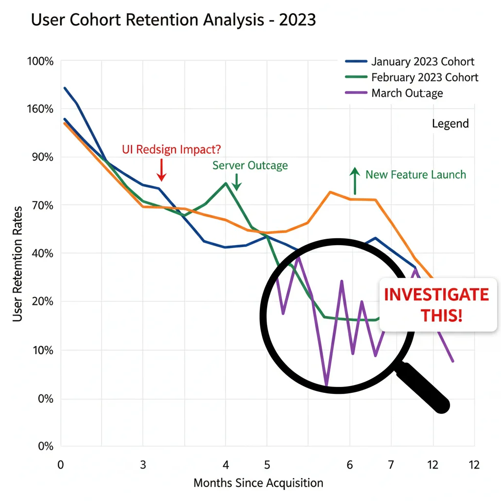 Line graph illustrating retention rates of multiple user cohorts over time, with annotations.