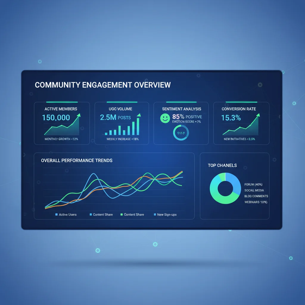 Dashboard showing KPIs for successful community engagement, including active members and user-generated content.