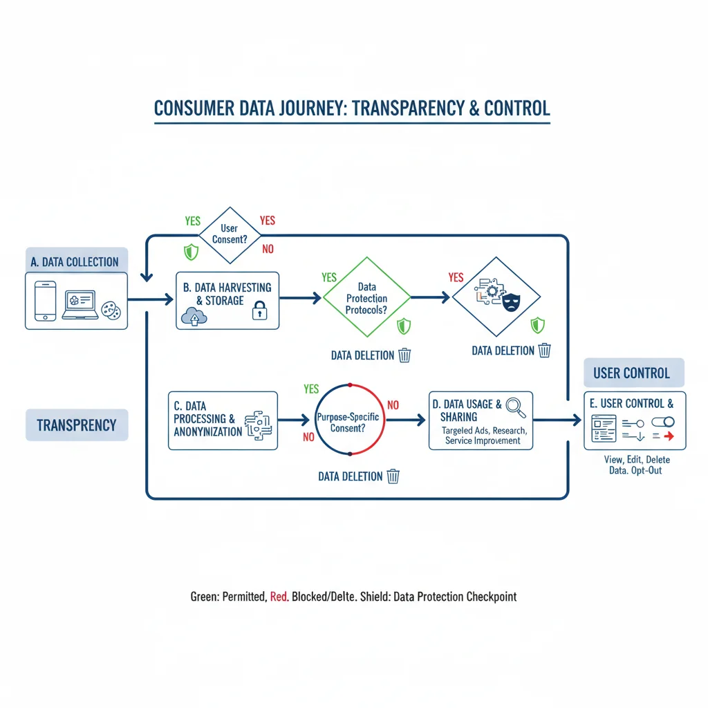 Flowchart depicting consumer data journey with privacy checkpoints