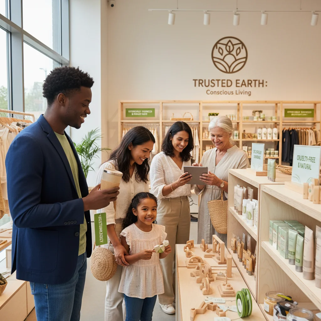 Diverse US consumers confidently choosing sustainable and ethically sourced products, showing trust in brands.