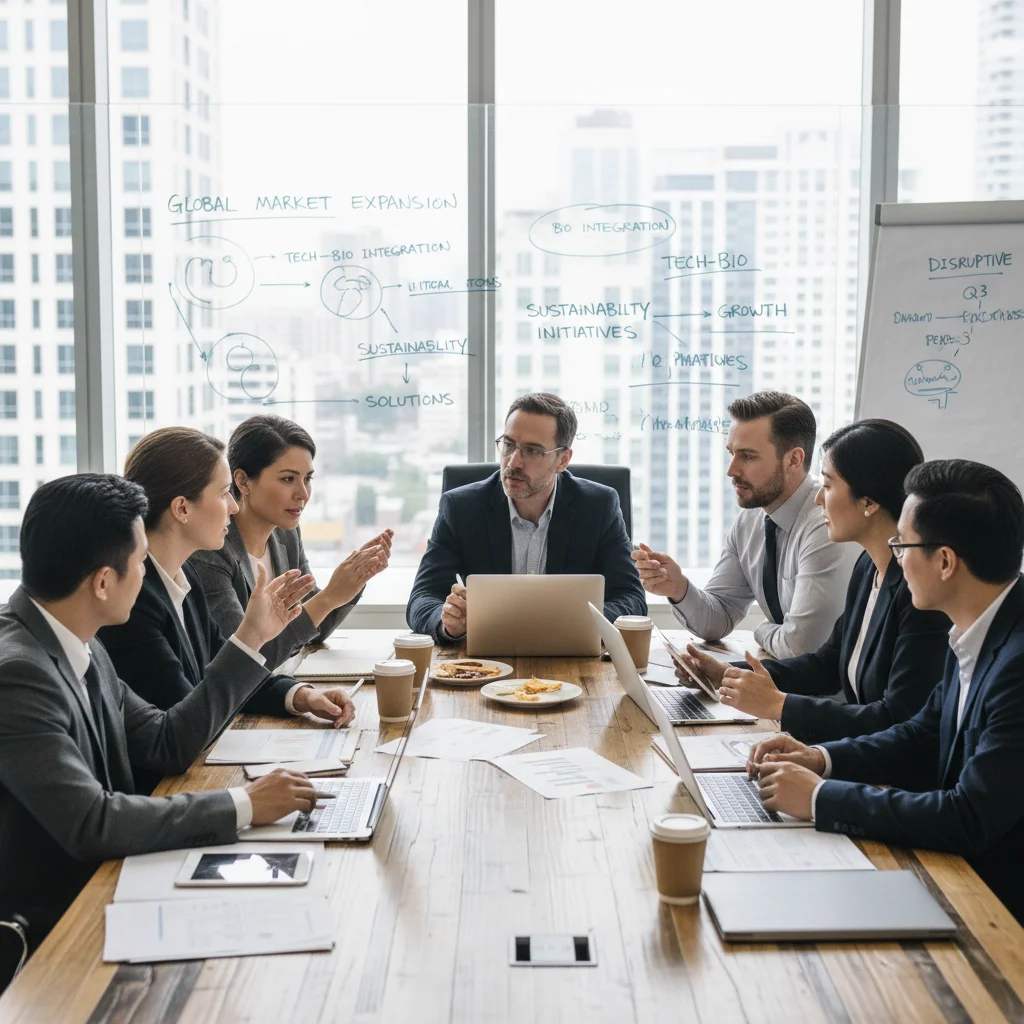Diverse team collaborating on a cross-industry partnership for market expansion and innovation.