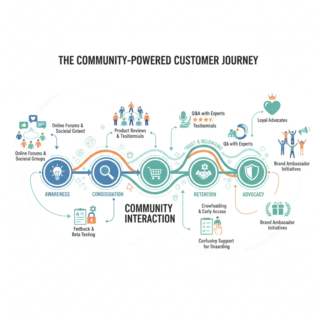 Customer journey map highlighting community engagement at various stages, from awareness to advocacy.