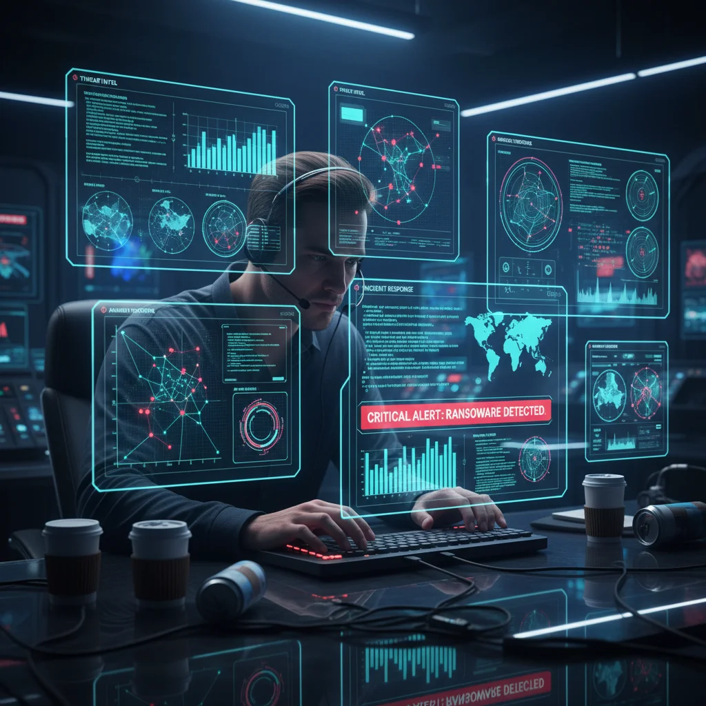 Cybersecurity analyst monitoring threat intelligence and incident response dashboards