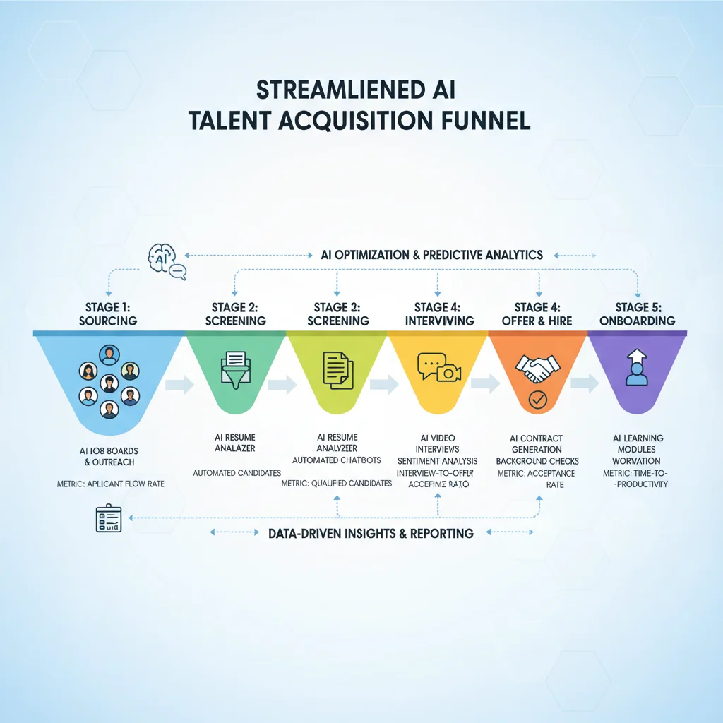 Infographic depicting a data-driven talent acquisition funnel with AI integration.
