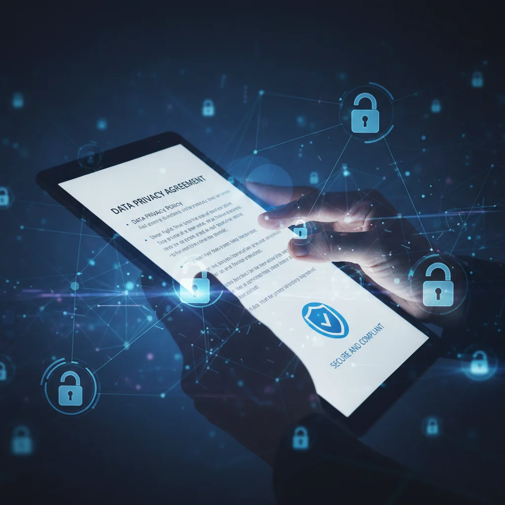 Hand holding a tablet with data privacy policy, symbolizing new digital regulations.
