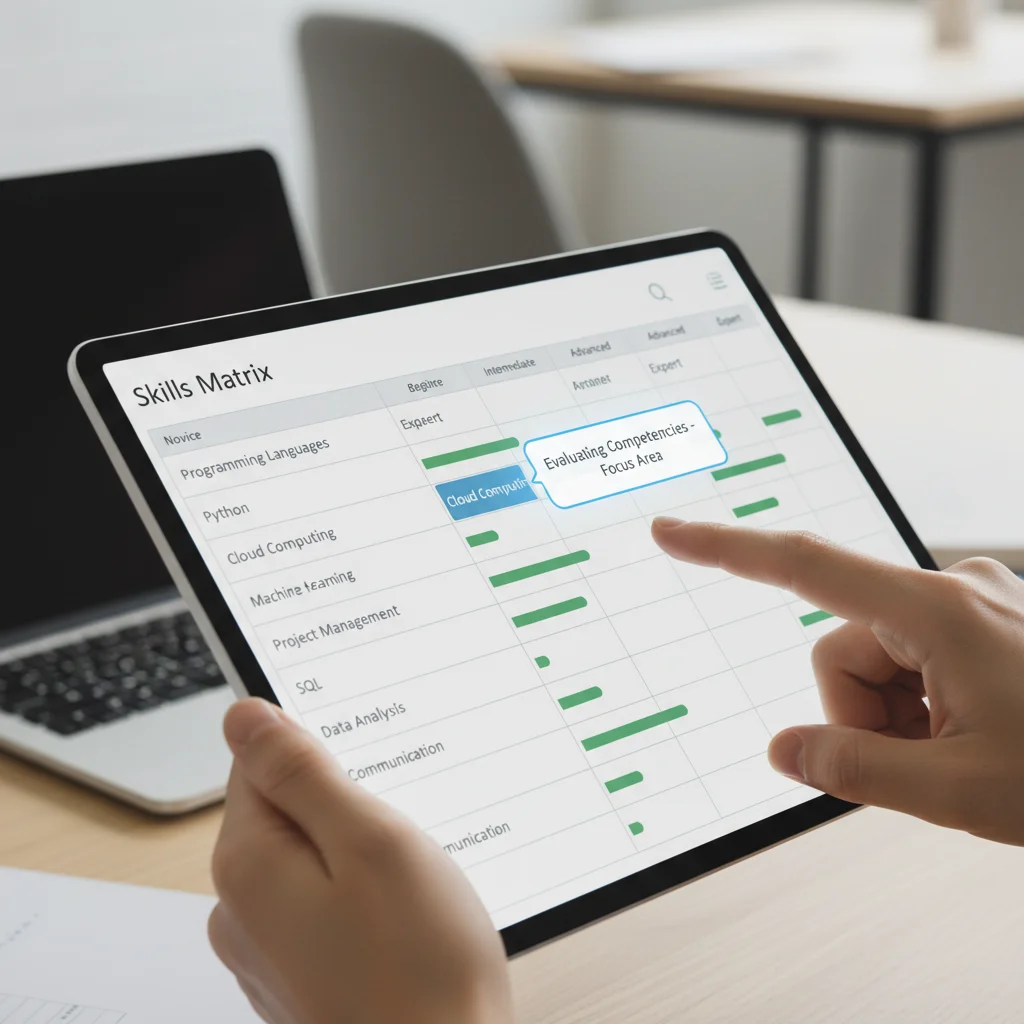 Digital skill assessment platform showing a skills matrix and proficiency levels.