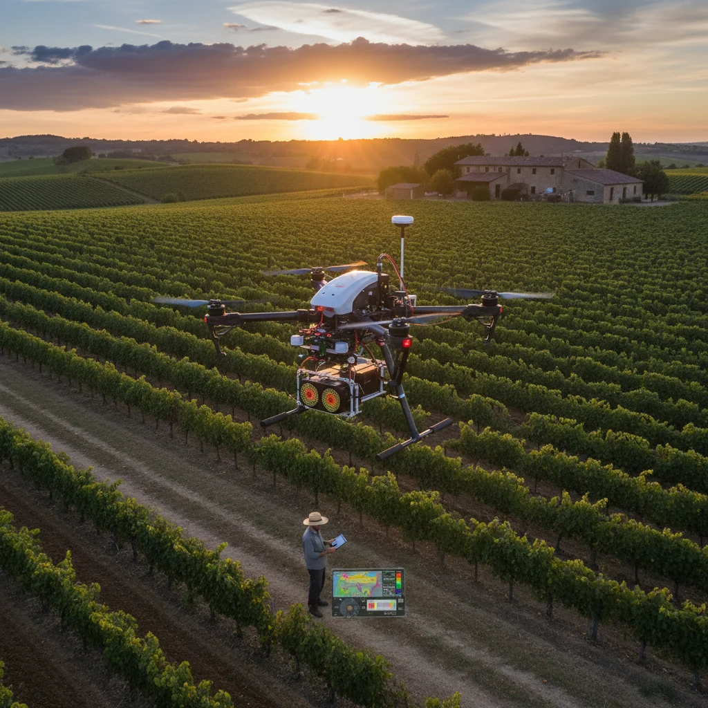 Agricultural drone monitoring vineyard health, showcasing precision farming technology
