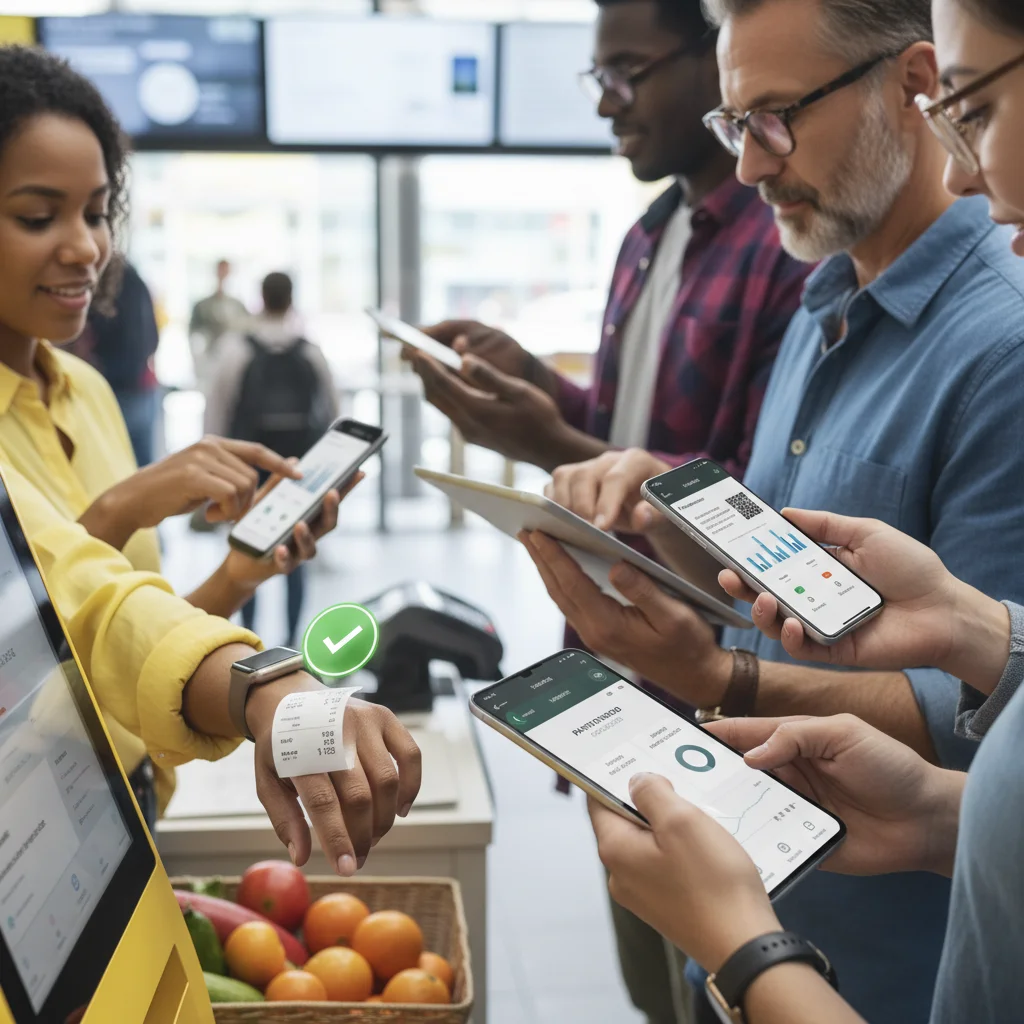 Diverse individuals using smart devices for seamless embedded finance transactions, illustrating everyday financial integration.