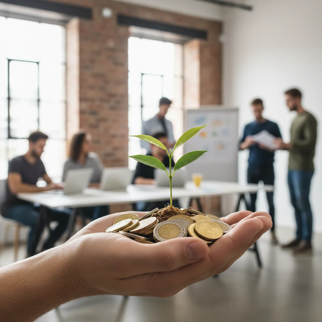Hand holding a sapling growing from coins, symbolizing long-term financial growth and investment in startups.