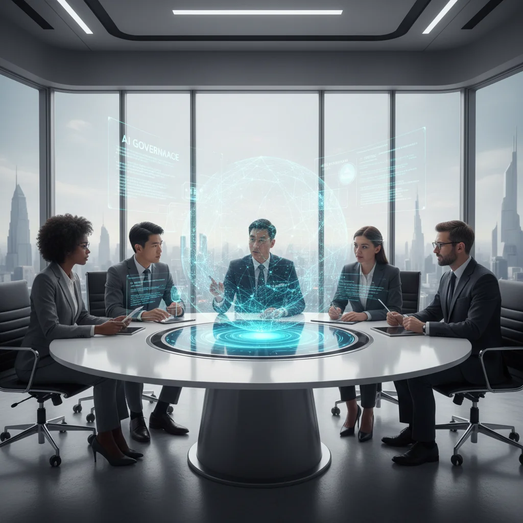 Multidisciplinary team collaborating on ethical AI governance and regulation