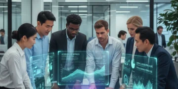 Professionals analyzing ethical AI guidelines for HR in a modern office