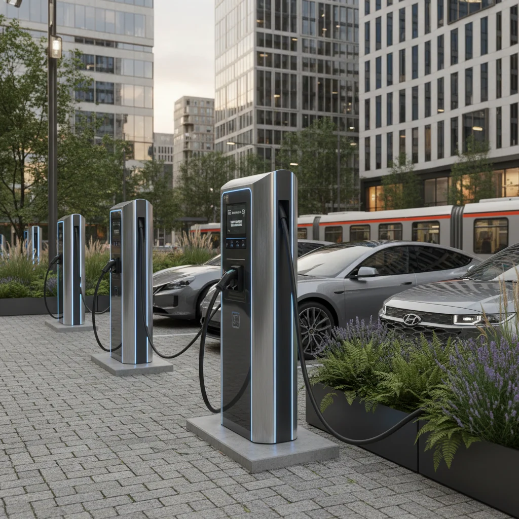 Electric vehicles charging at a modern station in an urban setting