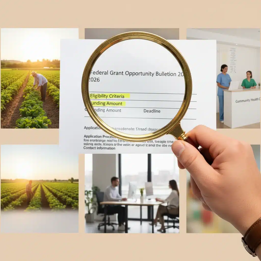 Magnifying glass examining a 2026 federal grant opportunity bulletin for small businesses.