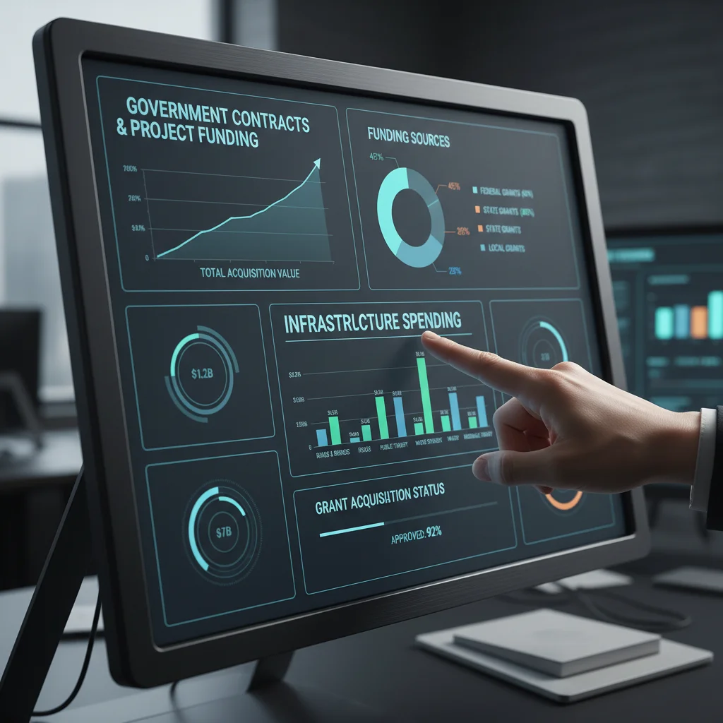 Financial dashboard showing government contracts and infrastructure project funding