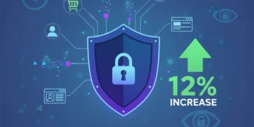 Illustration of first-party data flowing into a secure database, representing a 12% marketing edge