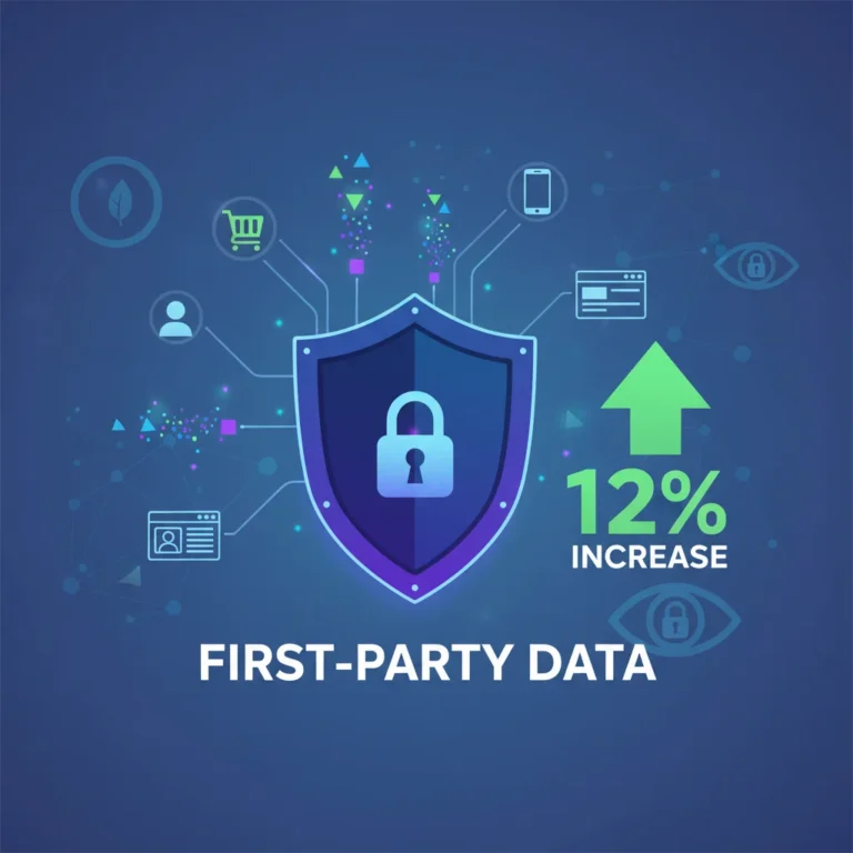 Illustration of first-party data flowing into a secure database, representing a 12% marketing edge