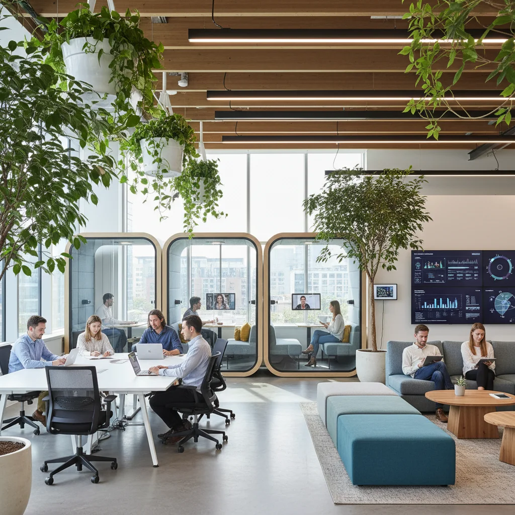 Flexible, modern office space with collaborative zones and natural light, reflecting future work trends.