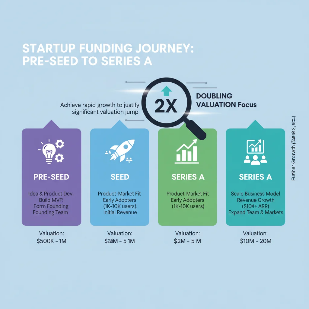 Infographic showing key milestones and valuation benchmarks from pre-seed to series A