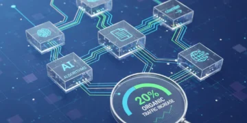 Futuristic digital landscape illustrating content marketing trends and organic traffic growth.