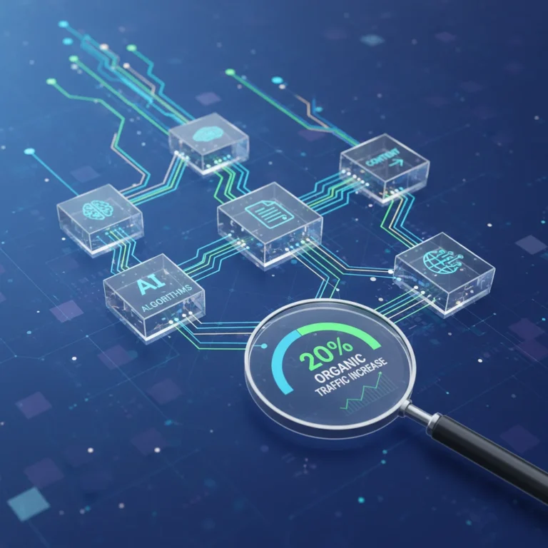 Futuristic digital landscape illustrating content marketing trends and organic traffic growth.