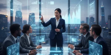 Diverse US team collaborating with a female leader in a futuristic office, showcasing future leadership