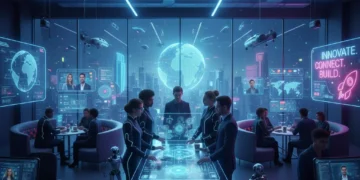 Futuristic office with diverse team collaborating on innovative projects