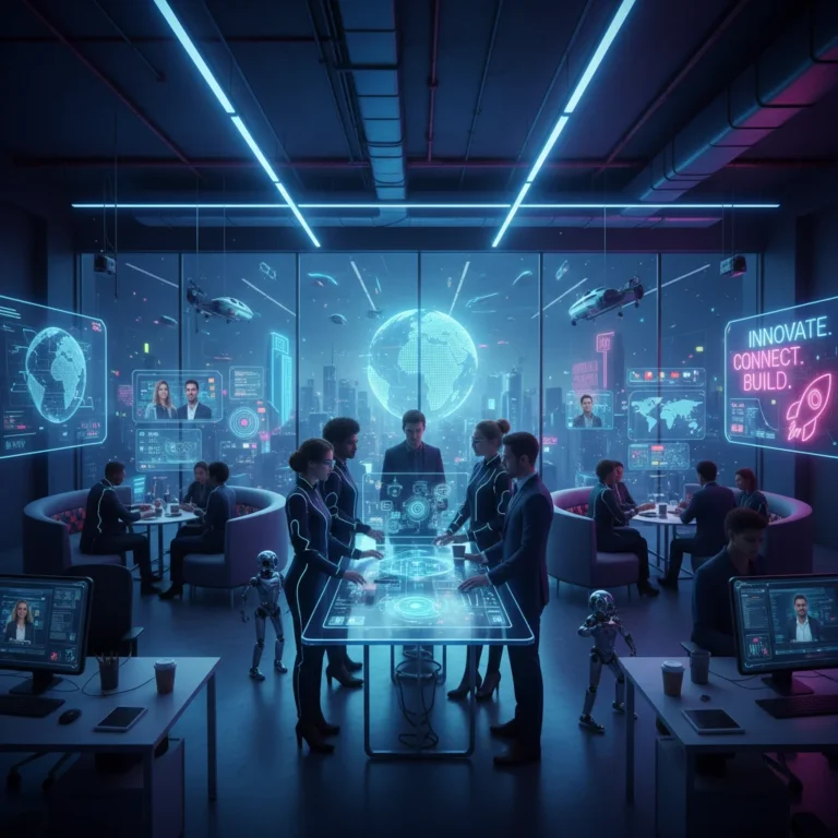 Futuristic office with diverse team collaborating on innovative projects