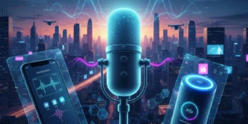 Futuristic audio marketing landscape with sound waves, smart devices, and city skyline.