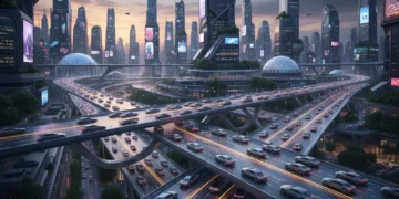 Futuristic electric autonomous vehicles on a modern US highway